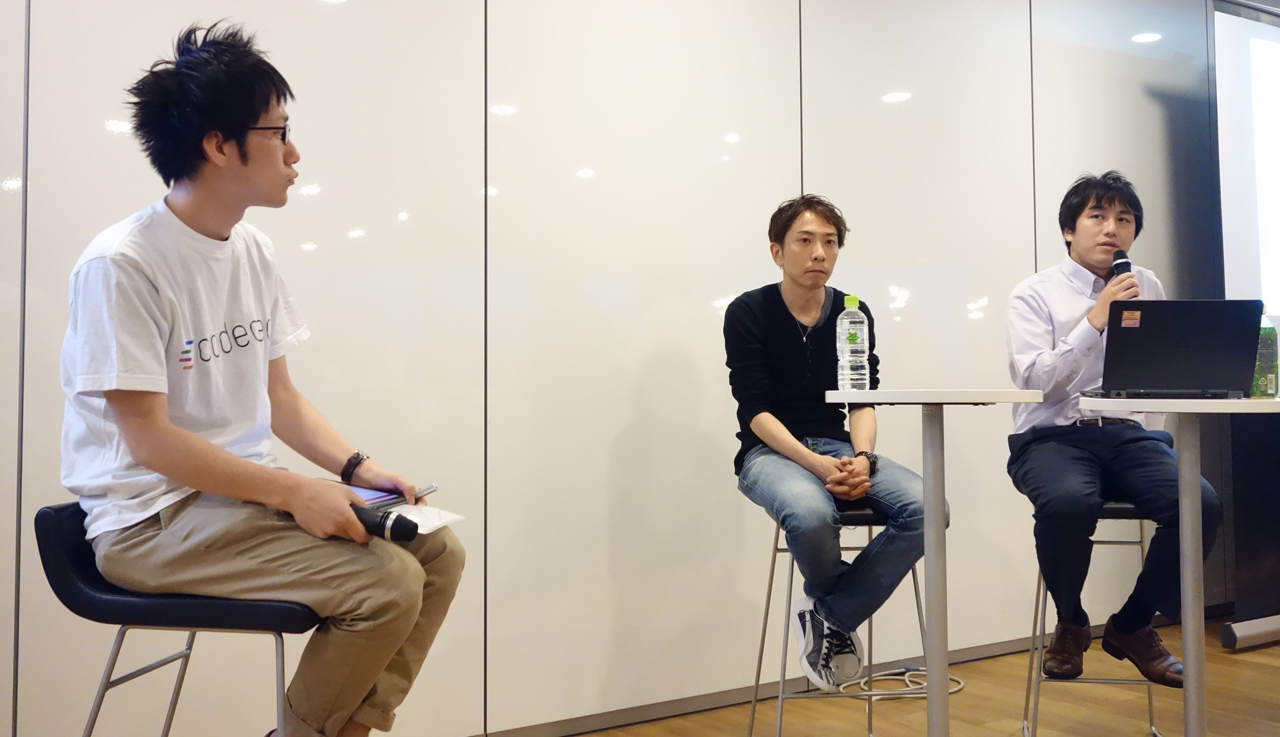 トークイベントの登壇者。左から、司会を務めたギブリー 新田章太氏、LINE 橋本泰一氏、ワークスアプリケーションズ 森 康真氏